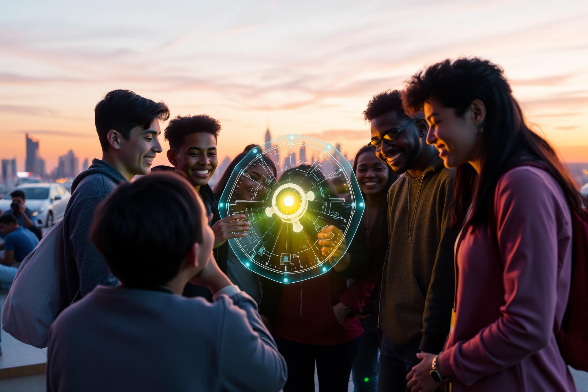 Diverse students exploring technology on a college campus